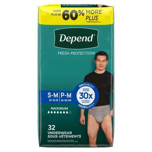 Depend FIT-FLEX - Ropa interior de incontinencia para hombre, máxima absorción, desechable, S/M, gris, 32 unidades
