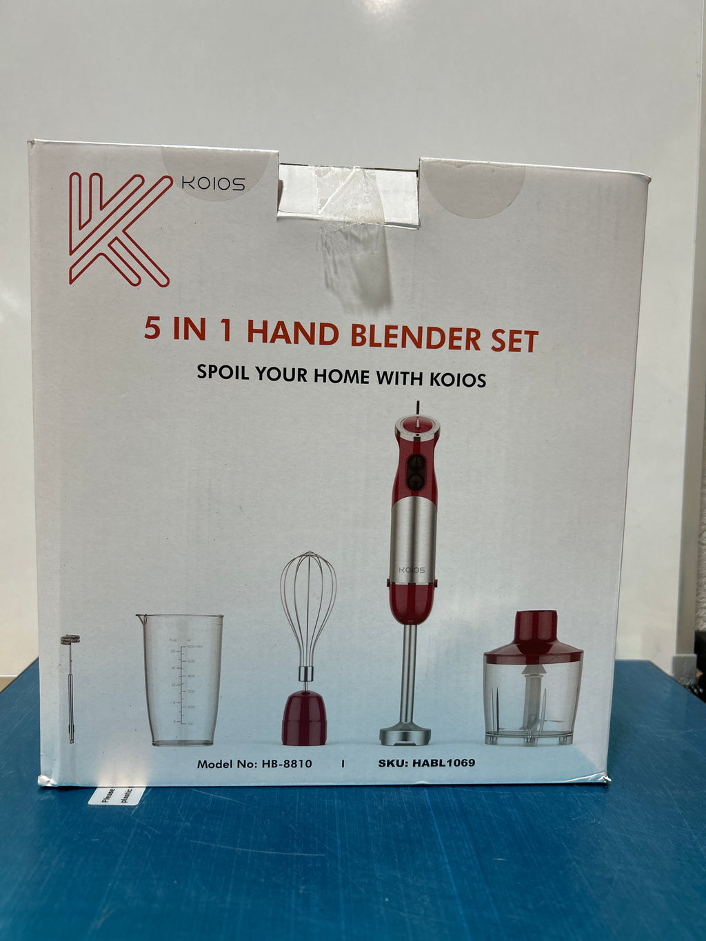 Batidora de mano KOIOS 5 en 1, 1000 W, 12 velocidades, motor de cobre, cuchilla de acero inoxidable, vaso mezclador de 600 ml, procesador de alimentos de 500 ml, batidor, espumador de leche, sin BPA, color rojo. 