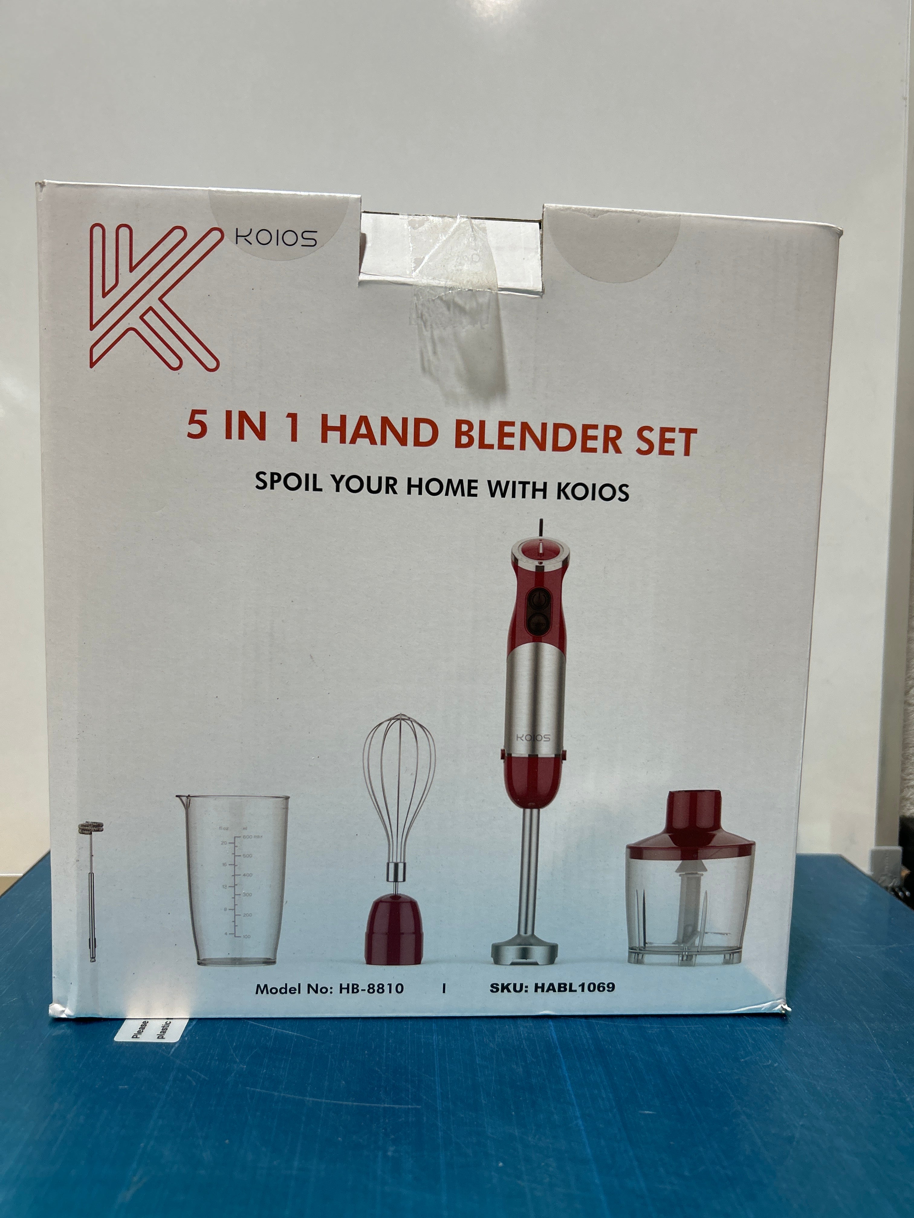 KOIOS 5-in-1 Hand Immersion Blender, 1000W 12 Speed Handheld Blender Stick with Copper Motor Stainless Steel Blade, 600ml Mixing Beaker,500ml Food Processor, Whisk, Milk Frother, Non-BPA, Red