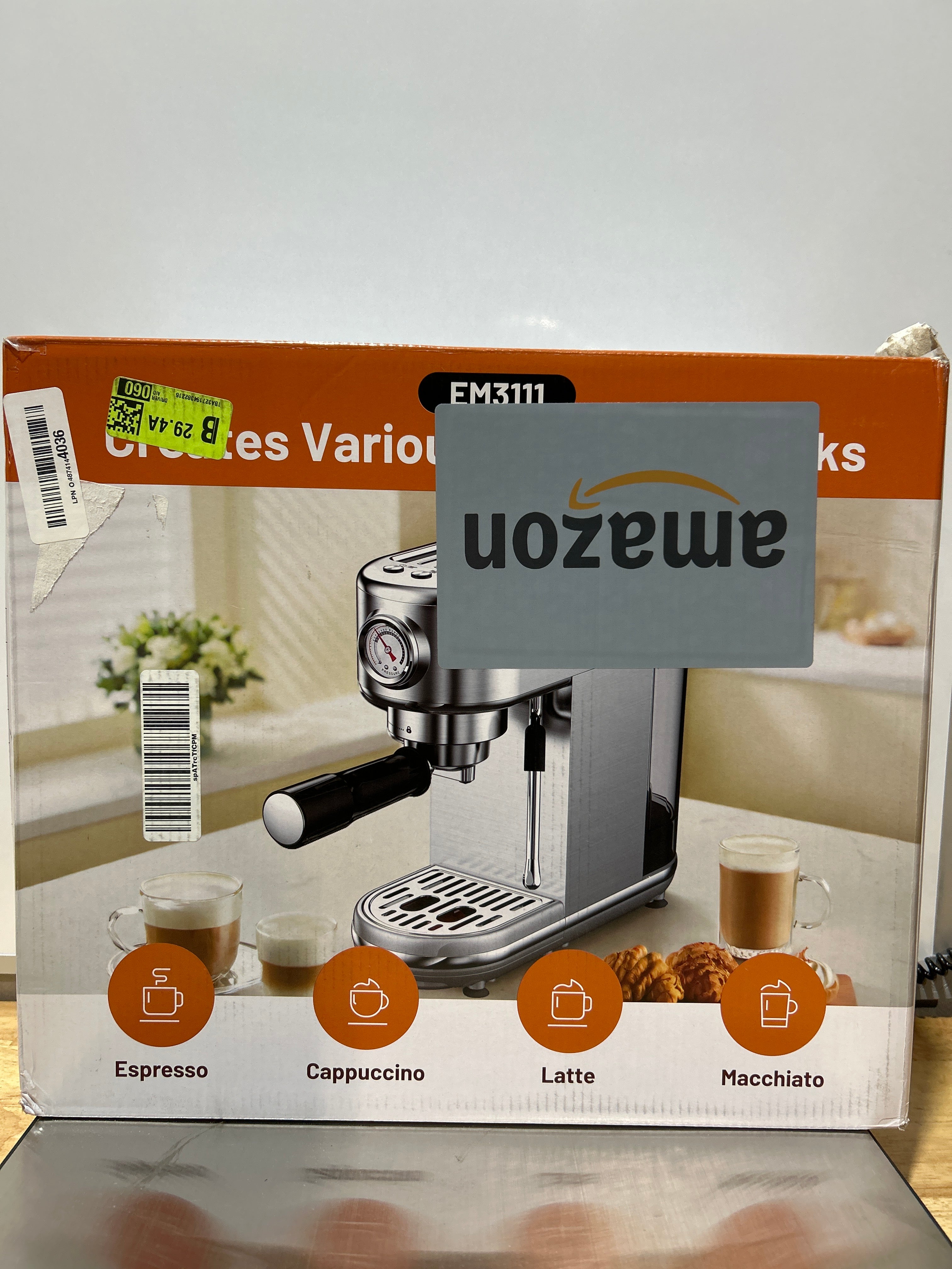 Máquina de Espresso EM3111 20 Bar con Vaporizador – 1350W, Depósito 1.3L Extraíble, Acero Inoxidable