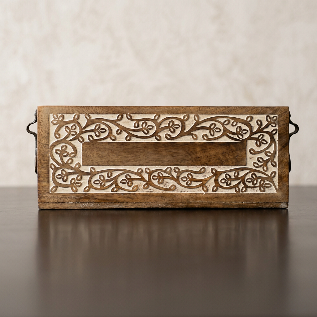 Bandeja decorativa rectangular con asas y diseño de hojas en tonos marrón y crema