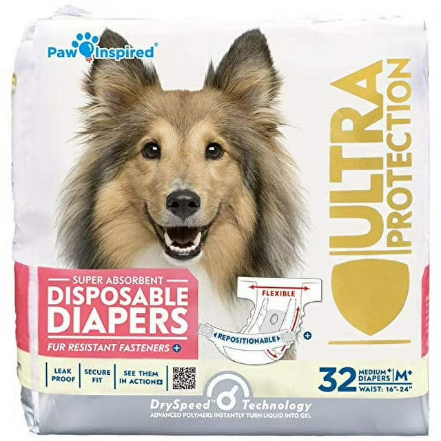 Pañales Desechables para Perras Paw Inspired 32 Unidades — Ultra Protección, Talla Medium Plus, Celo e Incontinencia
