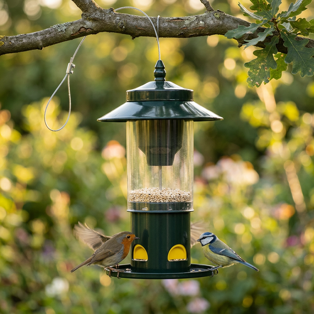 Comedero colgante para aves con protección contra ardillas