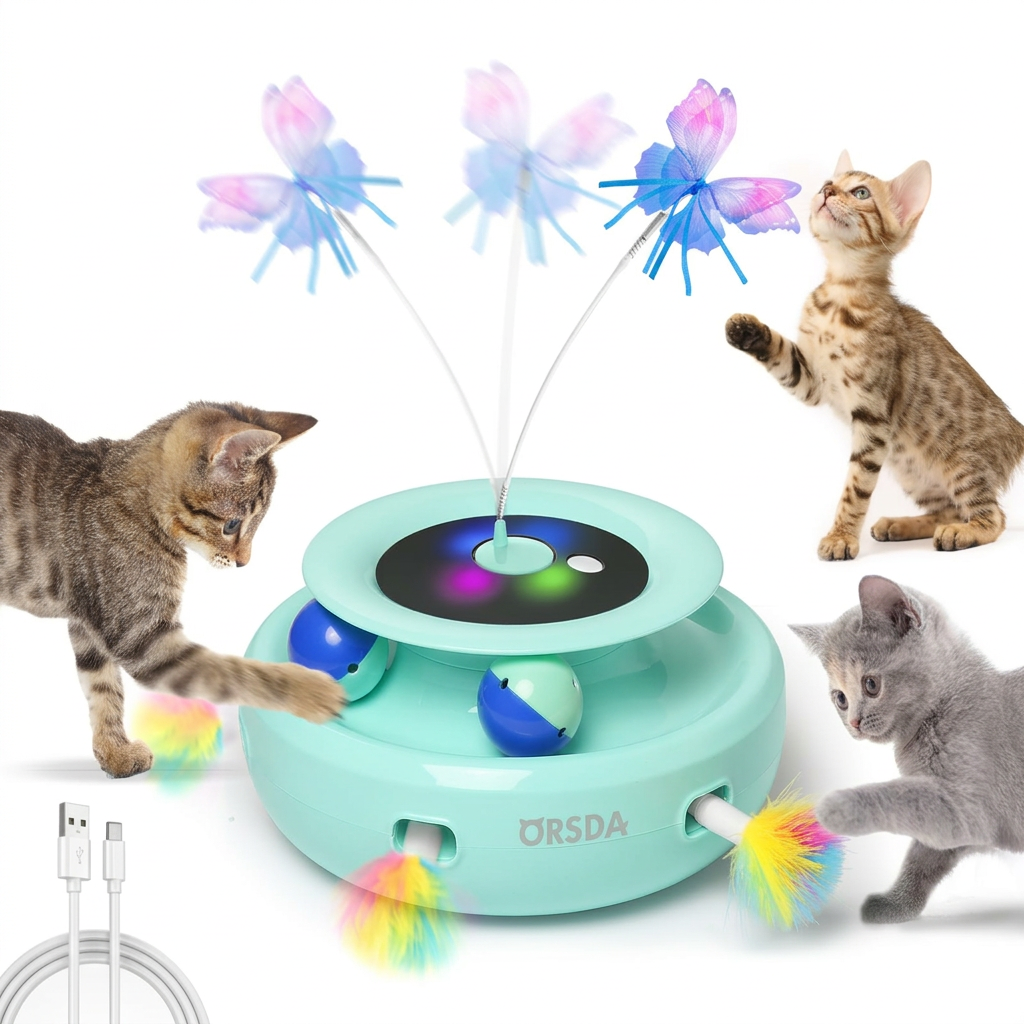 Juguete interactivo para gatos ORSDA verde agua con pelotas, plumas y mariposa