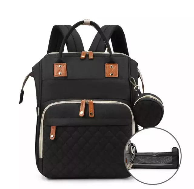 Mochila Pañalera Bebé con Cuna Plegable – Diseño Negro con Ganchos para Coche