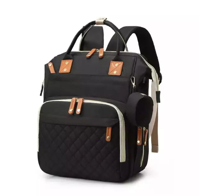 Mochila Pañalera Bebé con Cuna Plegable – Diseño Negro con Ganchos para Coche