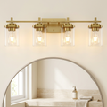 Lámpara de pared dorada de 4 luces con pantallas de vidrio transparente para espejo de baño