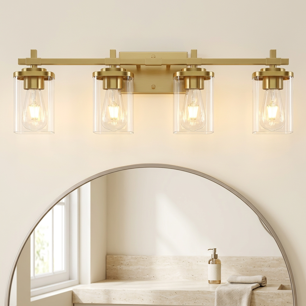 Lámpara de pared dorada de 4 luces con pantallas de vidrio transparente para espejo de baño