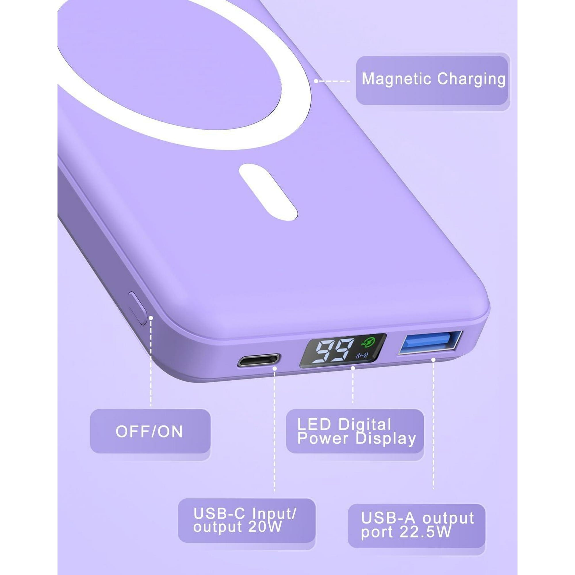 Podoru para Magsafe Paquete de baterías, banco de energía magnético plegable de 10000 mAh con cable USB-C pantalla LED de 22.5 W PD de carga rápida cargador portátil inalámbrico para iPhone 17/16/15/14/13/12 Series, color morado claro.