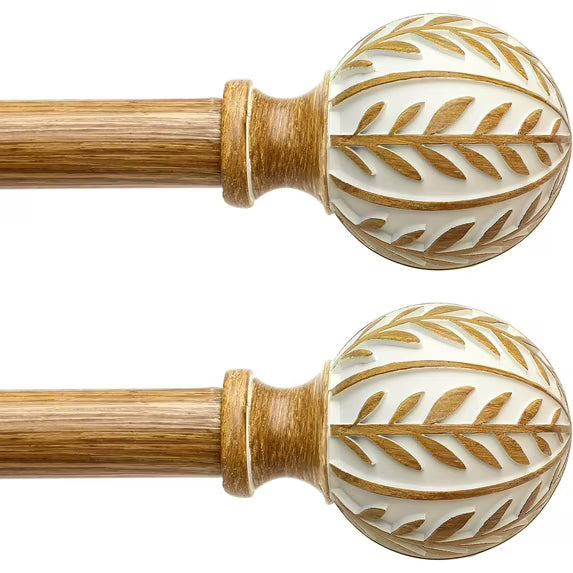 Barra Doble para Cortinas Estilo Boho 36-72" – Madera Rústica Ajustable con Remates Hoja Artesanales