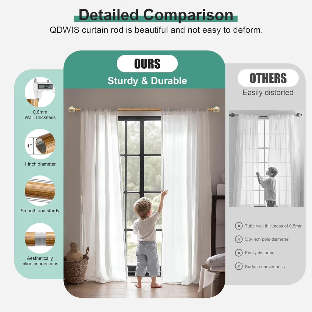 Barra Doble para Cortinas Estilo Boho 36-72" – Madera Rústica Ajustable con Remates Hoja Artesanales