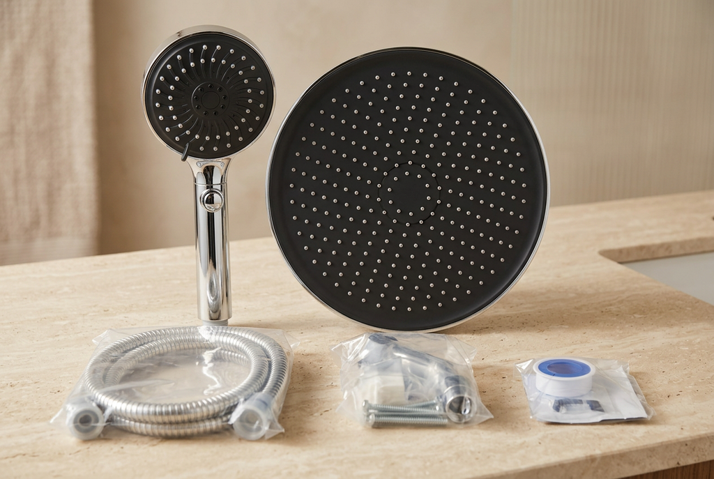 Set de ducha usado con cabezal circular, ducha de mano y manguera para renovar tu baño