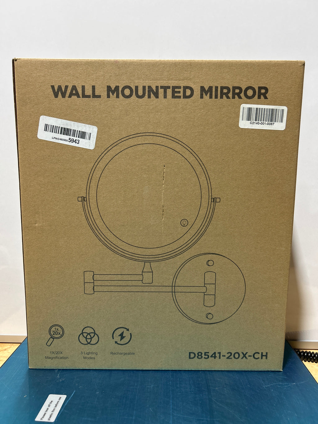 Espejo de maquillaje iluminado de pared 20X/1X con luz, espejo de baño con aumento de 8.5'', recargable de doble cara, 3 luces de color, regulable al tacto, brazo extendido, rotación de 360°, espejos de aumento iluminados. 