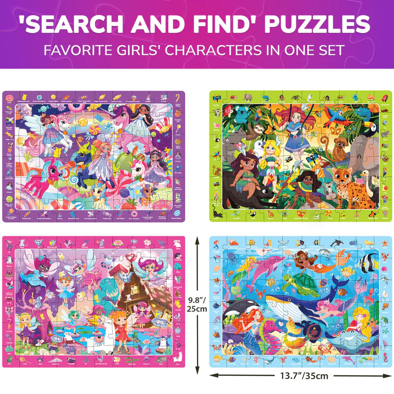 Puzzles de Princesas QUOKKA Pack x4 – 60 Piezas Busca y Encuentra, Unicornio, Sirena y Hada para Niñas
