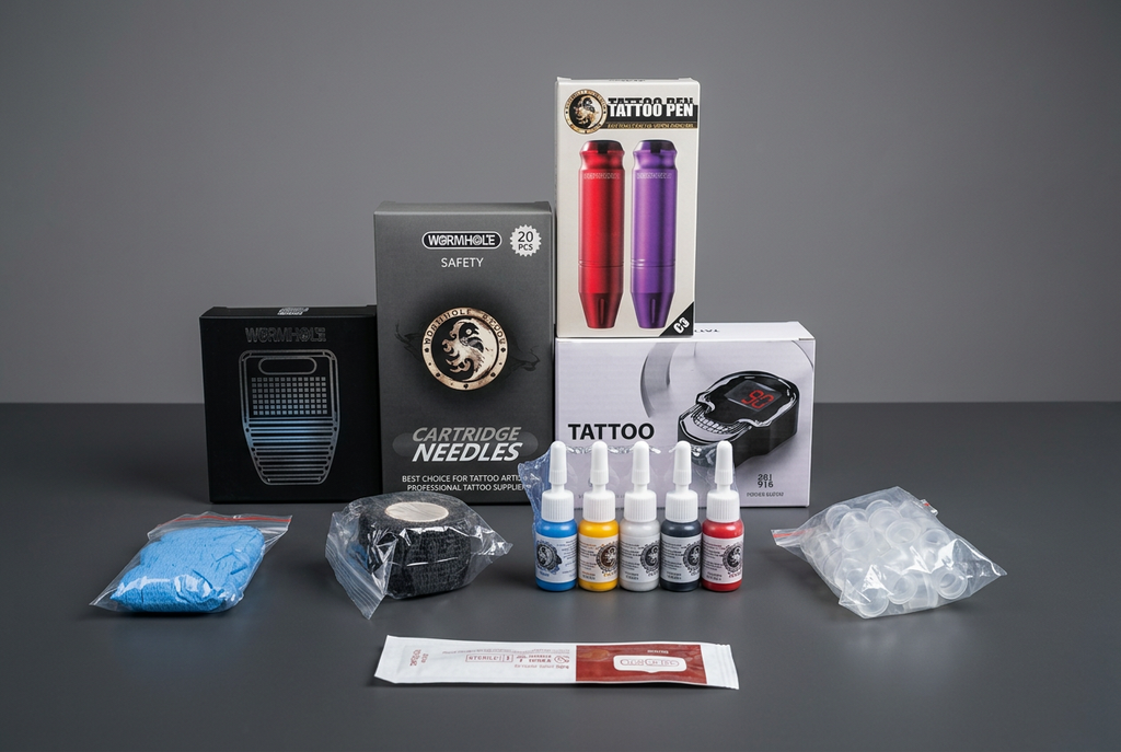 Kit de tatuaje con tintas, pedal y accesorios para organizar tu equipo