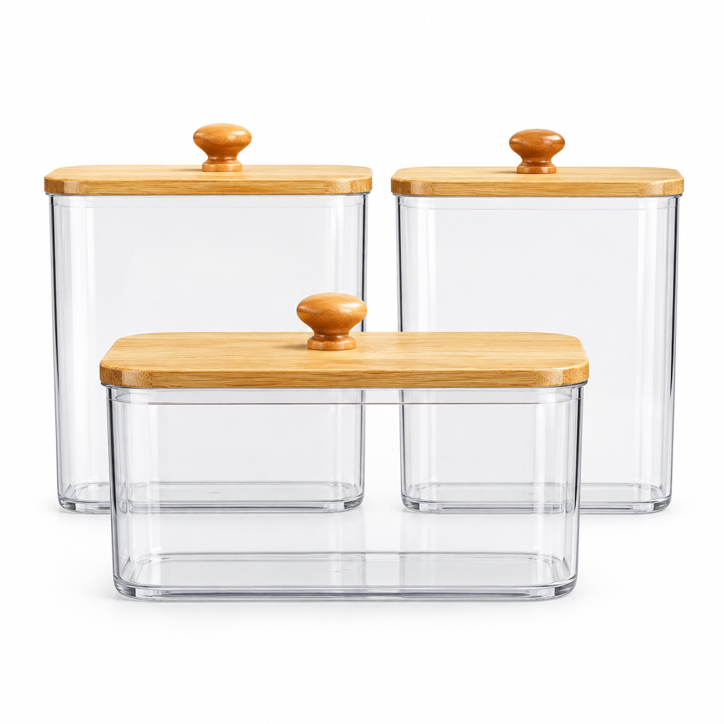 Juego de 3 recipientes transparentes con tapas de madera para organizar tu espacio