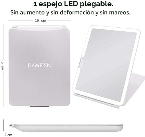 deweisn Espejo de maquillaje plegable iluminado con 72 LED, 3 modos de luz de colores, recargable por USB, baterías de 1800 mA, portátil, ultra delgado, compacto, espejo de tocador regulable, espejo