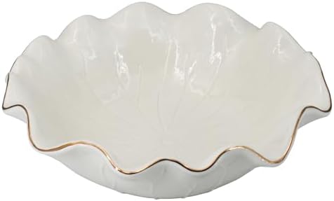 Cuenco de Cerámica Blanca – Diseño Hoja de Repollo, Borde Ondulado y Detalles Dorados | Decorativo