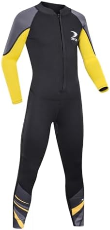 Traje acuático enterizo talla L con manga larga y cierre frontal, negro y amarillo