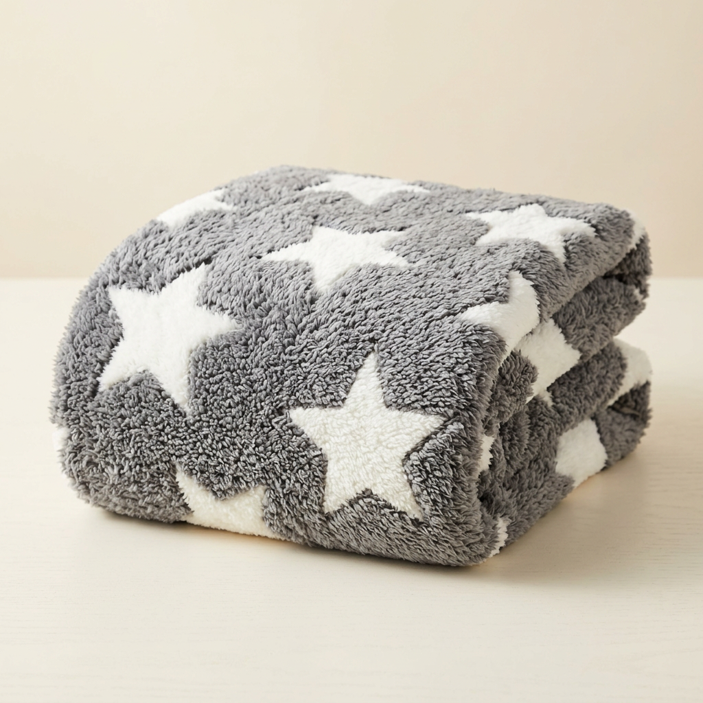 Manta gris de textura afelpada con estrellas blancas para un hogar acogedor