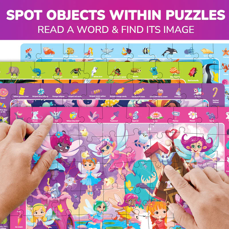 Puzzles de Princesas QUOKKA Pack x4 – 60 Piezas Busca y Encuentra, Unicornio, Sirena y Hada para Niñas