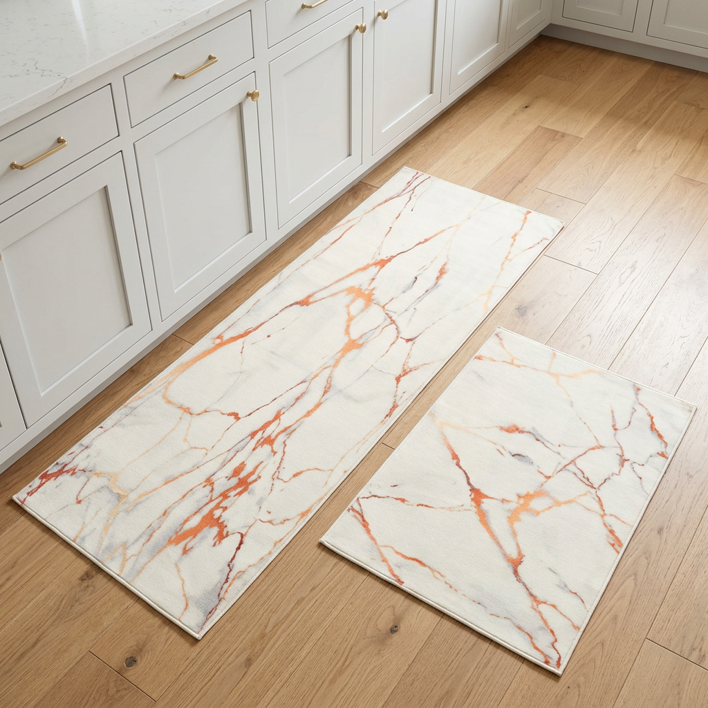 Juego de 2 tapetes rectangulares con diseño marmoleado blanco y vetas coral y gris