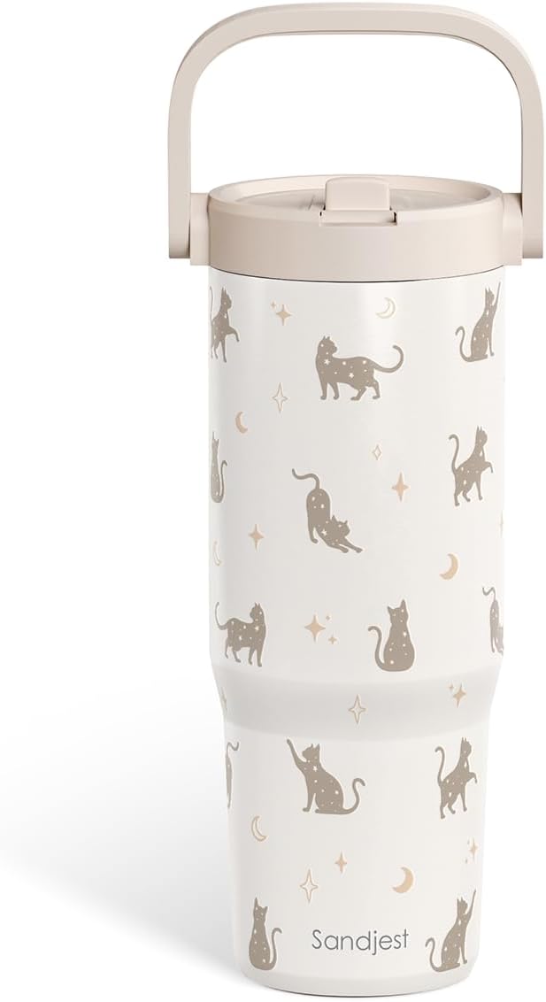 Vaso térmico SANDJEST de acero inoxidable con tapa y pajita, 887 ml (30 oz), con asa de transporte, ideal para mujeres y niñas amantes de los gatos. Taza de café de viaje con aislamiento térmico. Regalo perfecto para deportes, actividades al aire libre
