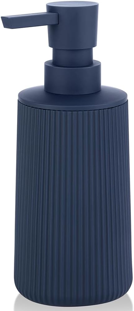 Dispensador de Jabón Pequeño para Baño y Cocina | Estilo Moderno Farmhouse a Rayas | Dispensador de Plástico con Bomba para Jabón de Manos y Trastes | Azul Mate