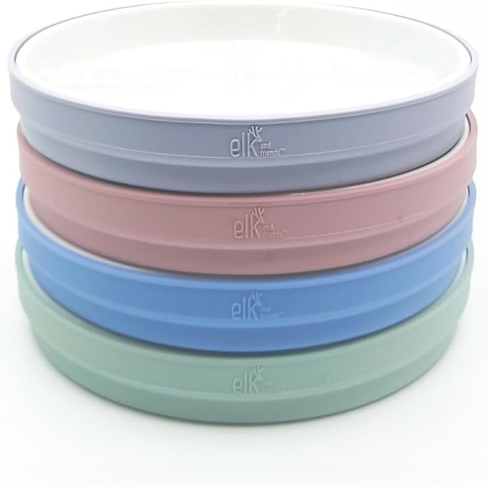 Elk and Friends Platos Infantiles de Porcelana Blanca 7.8'' con Fundas de Silicona | Antideslizantes, Microondas, Pack 4
