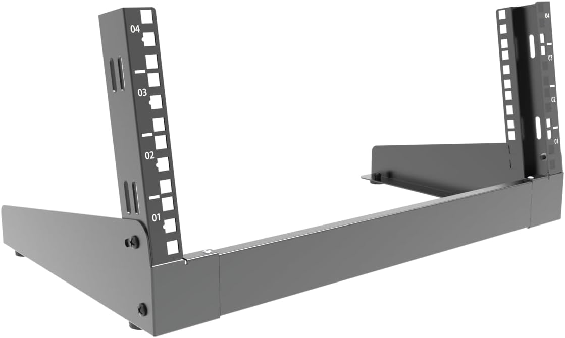 JINGCHENGMEI 4U Desktop Network Rack 19 inches Small Open Frame Rack 2 Post Free-Standing Tabletop Rack for Server, Patch Panel, Data, AV, IT,Studio or Networking Equipments (4U)