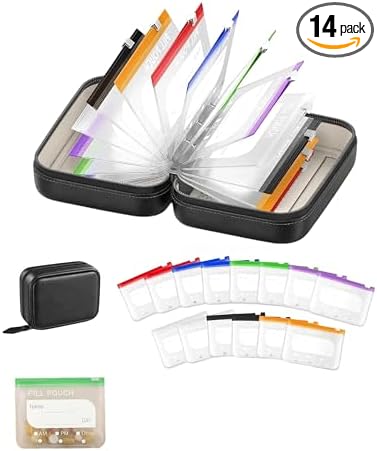 Organizador de pastillas impermeable, organizador semanal de pastillas AM PM con 14 bolsas reutilizables, discreto estilo cuaderno de almacenamiento de medicamentos para viajes, vitaminas