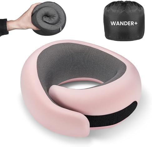 Almohada de viaje para el cuello WANDER PLUS®, almohada de espuma viscoelástica pura para aviones, funda cómoda y transpirable, soporte de 360 grados, diseño ergonómico, ideal para dormir en avión, tren y viajes. Max Pink.