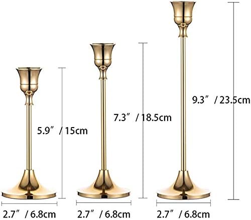 Juego de 3 candelabros dorados brillantes, portavelas cónicos de metal, vintage y moderno, centro de mesa decorativo para mesa, mantel de boda, regalo de inauguración de la casa