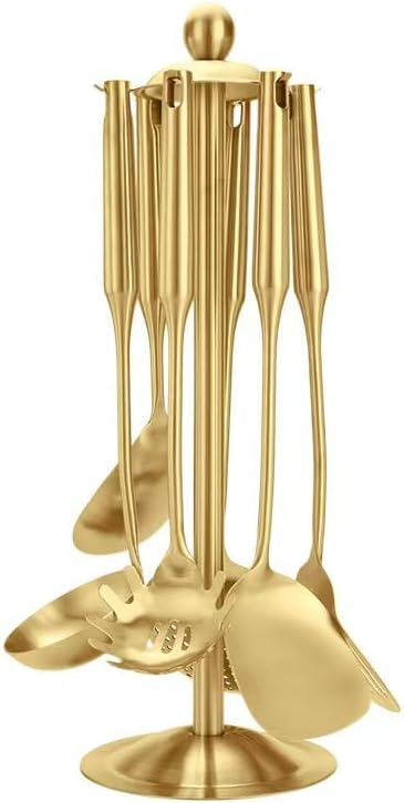 Juego de 6 Utensilios de Cocina Premium – Acero Inoxidable Dorado con Soporte, Apto Lavavajillas