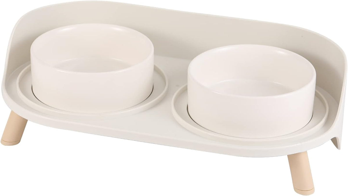 Juego de comederos y bebederos elevados para gatos - Platos de cerámica elevados con base antideslizante y protector antisalpicaduras para perros pequeños - 2 x 320 ml (4.9 oz) - Blanco