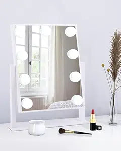 Espejo de Maquillaje Hollywood BWLLNI con Luces LED — 30x36 cm, Blanco, Control Táctil, 3 Colores, Aumento 10X, Rotación 360°