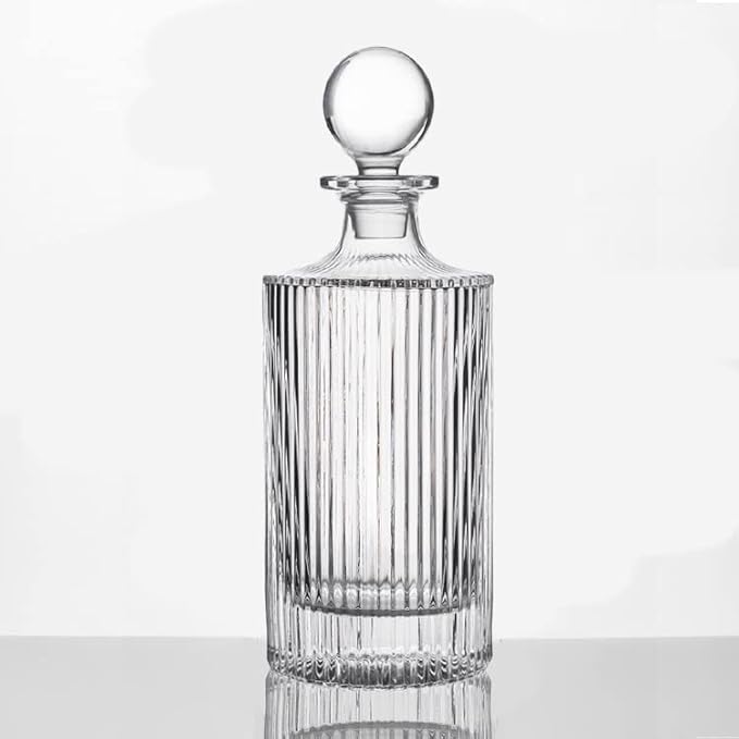 Decantador de Whiskey 27oz con Tapón de Vidrio | Diseño Redondo Acanalado | Para Whiskey, Bourbon, Brandy y Ron