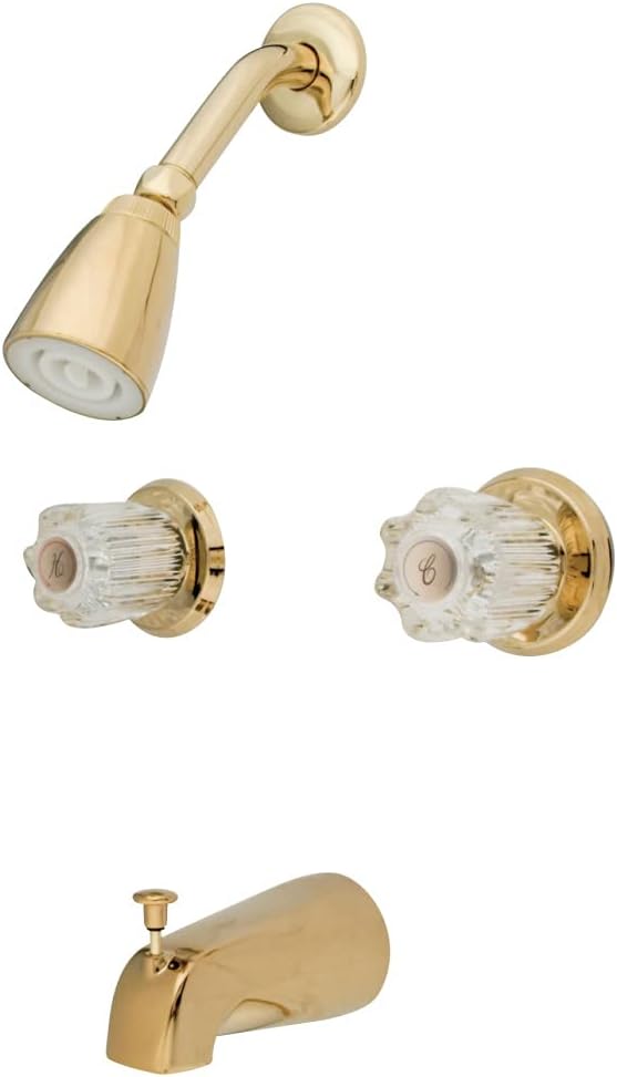 Grifo de bañera y ducha Kingston Brass KB142 con doble manija acrílica, acabado en latón pulido y caño de 5 pulgadas de alcance.