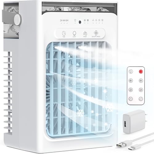 Aires acondicionados portátiles, mini aire acondicionado personal evaporativo con control remoto, 4 velocidades de viento, temporizador de 2-4-6 horas, 2 modos, luz nocturna colorida, aire acondicionado portátil para habitación, coche, dormitorio