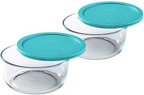 Cuenco de vidrio transparente de 2 tazas con tapa de plástico turquesa de 7200 piezas, fabricado en Estados Unidos, paquete de 2 unidades fabricado en los Estados Unidos