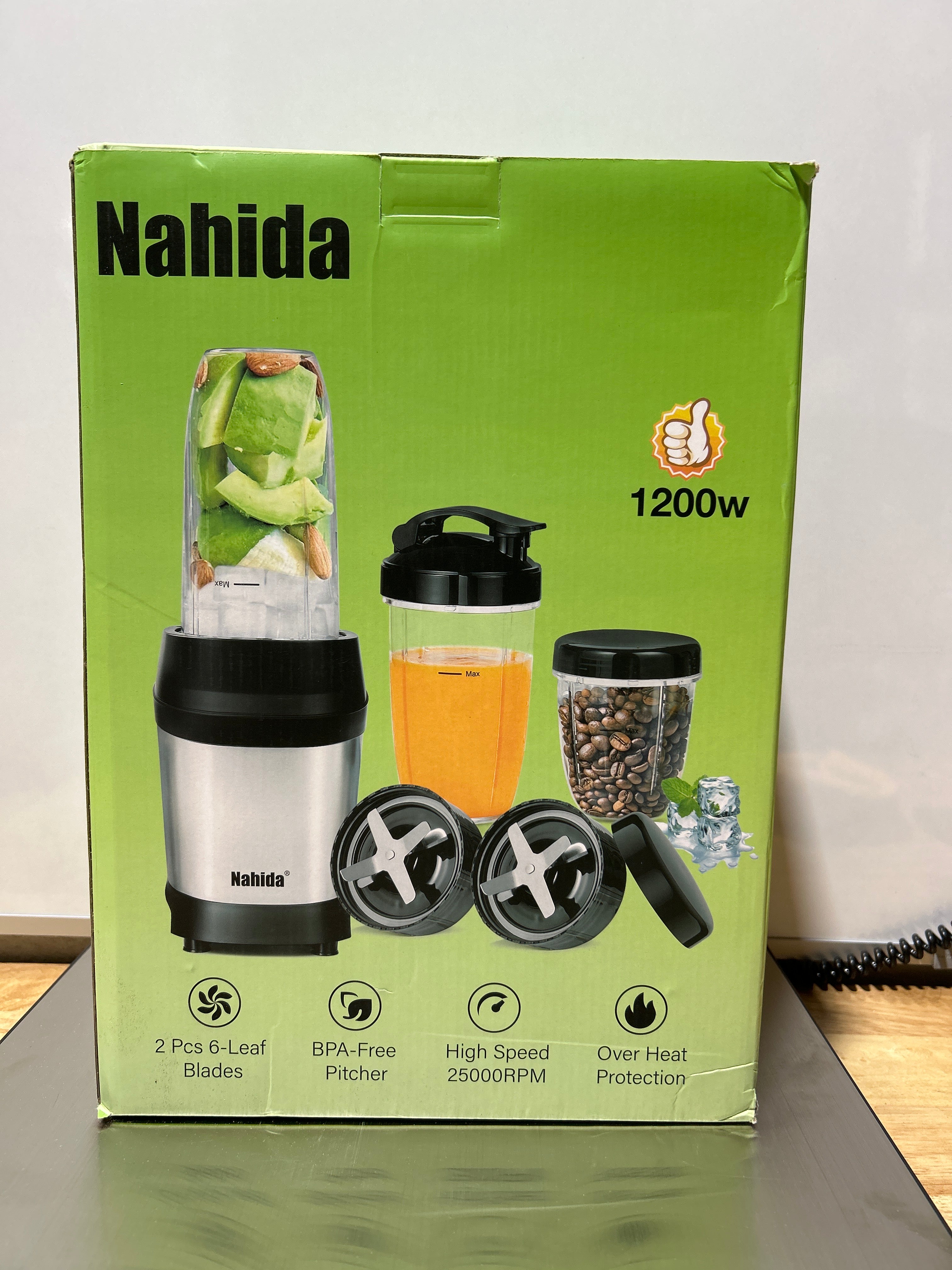 Licuadora Nahida para batidos, 1200 W, para triturar hielo, con dos cuchillas de 6 aletas, ideal para la cocina con vasos Easy Go de 690 ml, 940 ml y 1040 ml, color plateado. 