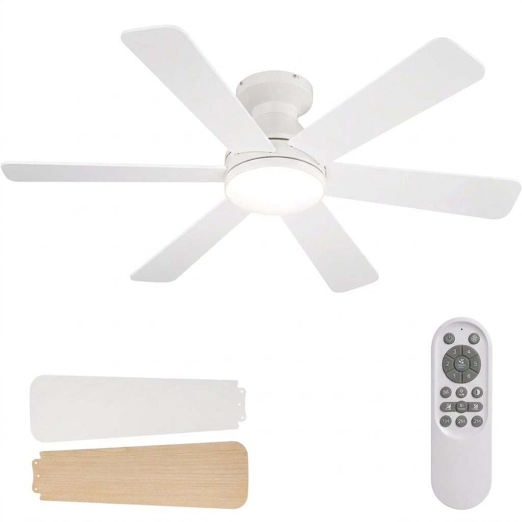Ventilador de Techo Empotrado Blanco con Luz LED, Control Remoto y 6 Aspas de Doble Acabado