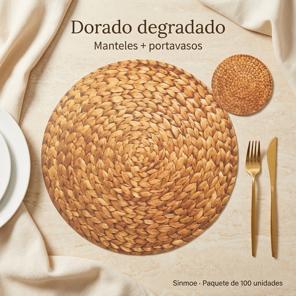 Manteles individuales desechables Sinmoe en dorado degradado, paquete de 100 unidades con portavasos