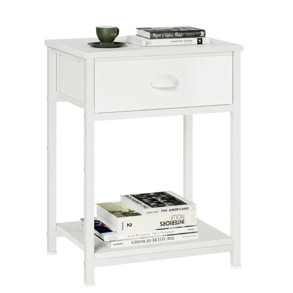 Mesas de Noche Furologee Blancas | Mesa Auxiliar con Cajón de Tela para Espacios Pequeños | 2 Niveles de Almacenamiento para Sala, Recámara y Dormitorio