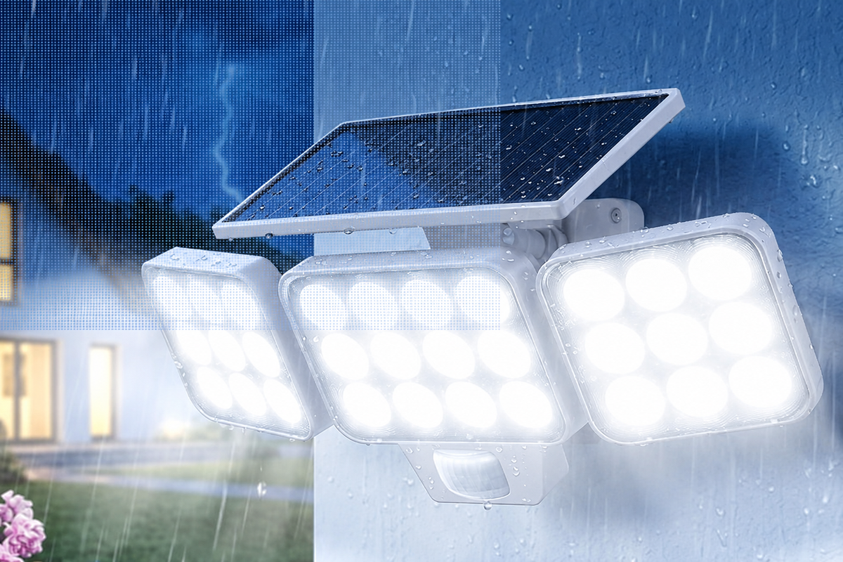 Luces solares exteriores WdtPro con sensor de movimiento, focos solares brillantes de 3500 lúmenes para exteriores, panel de vidrio ajustable y mejorado, focos de seguridad LED inalámbricos con energía solar, color blanco