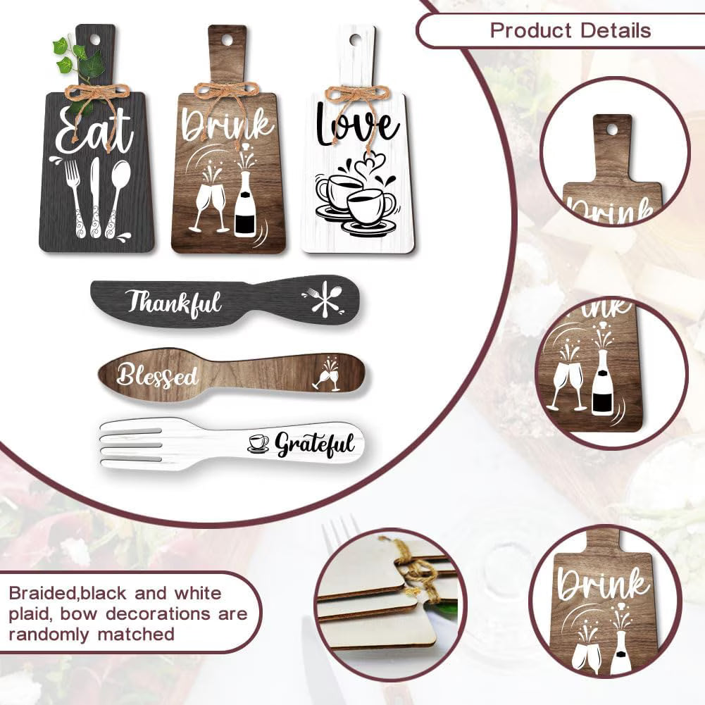 Juego de 6 Pzas de Decoración de Pared de Cocina Letrero de Inicio de Bebida Accesorios de Colgante de Madera Mini Placa de Madera Decoraciones con Forma de Tenedor y Cuchara Estilo Rústico Decoración Del Hogar Negro Marrón Blanco
