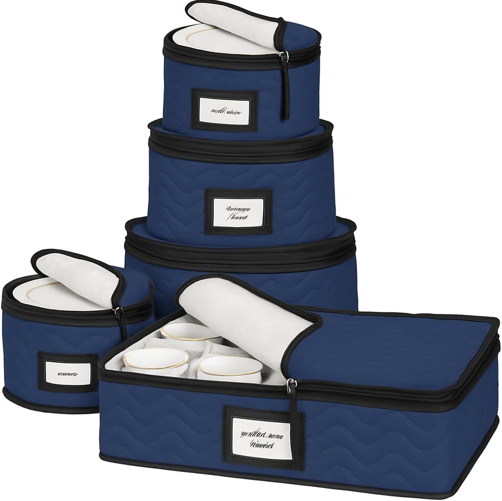 Set de 5 Organizadores para Vajilla | Cajas de Mudanza para Platos, Vasos, Tazas y Platillos | Microfibra Acolchada con Divisores | Almacenamiento Estacional | Azul