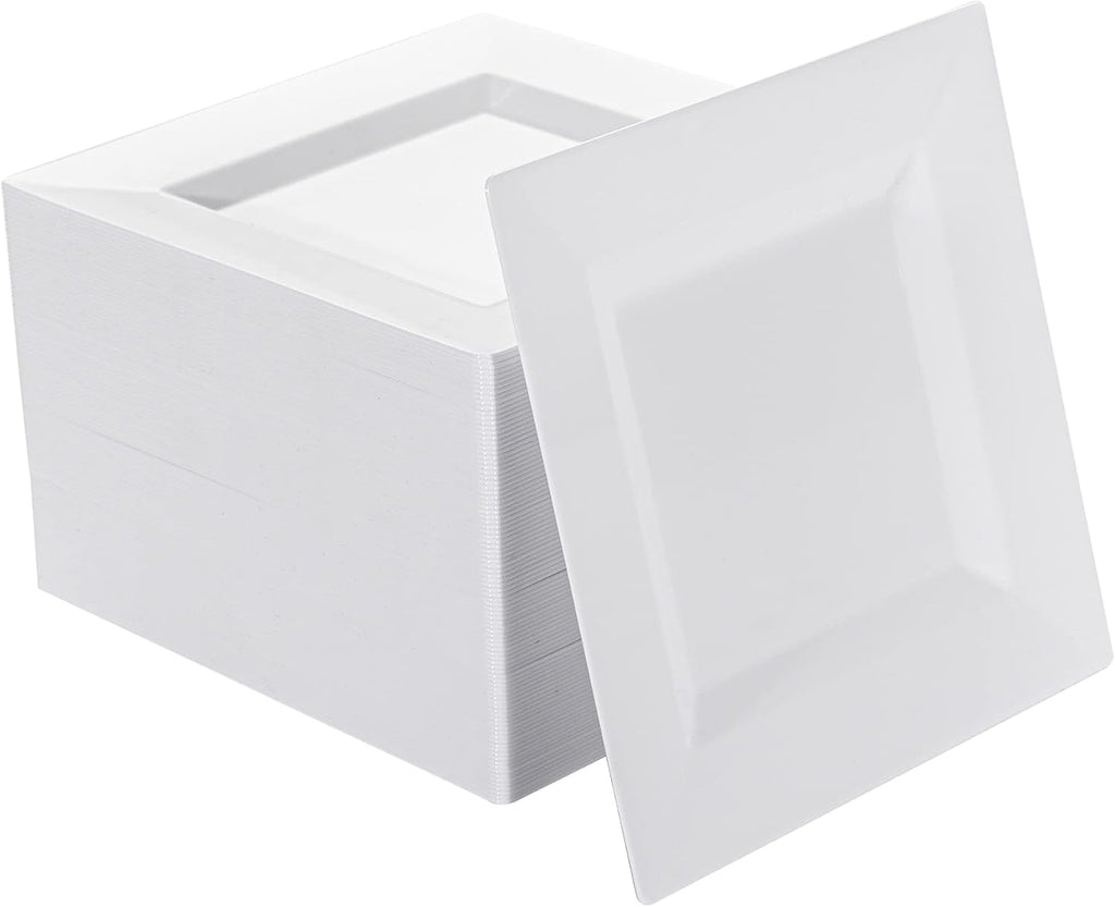Platos de Postre Cuadrados NZVCN | 100 Piezas Plasticas Blancas 6.5 pulgadas | Desechables Resistentes para Fiestas, Bodas, Navidad y Pascua