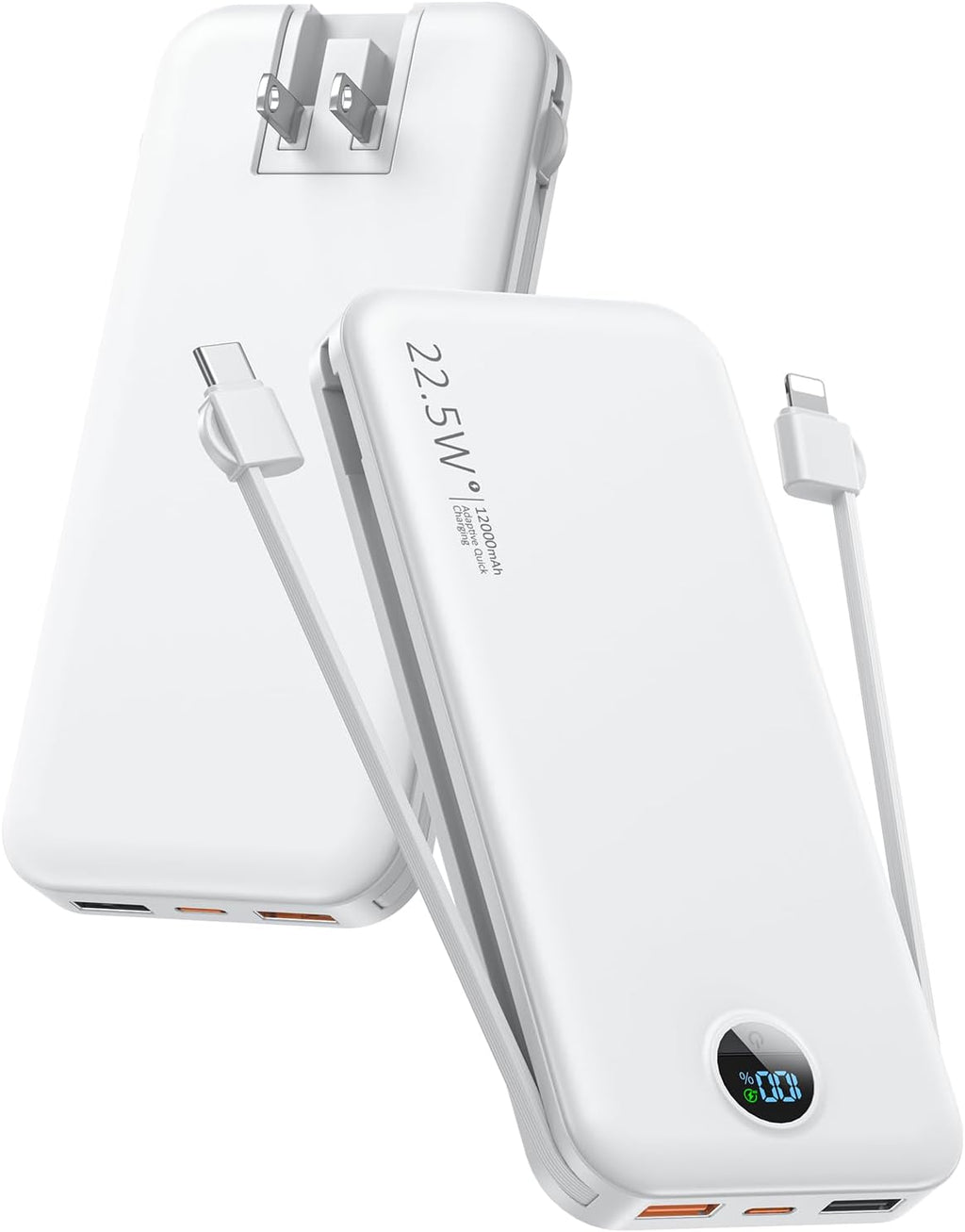 Cargador portátil de teléfono, batería externa de carga rápida de 12 000 mAh y 22,5 W con cables y enchufe integrados, pantalla LED, ideal para viajes, ideal para iPhone, iPad y Samsung (blanco). 