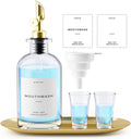 Dispensador Enjuague Bucal Moryimi, Vidrio 473ml para Baño, Botella Despachador con Pico Vertedor, Set Reutilizable con Vasos y Bandeja Dorada